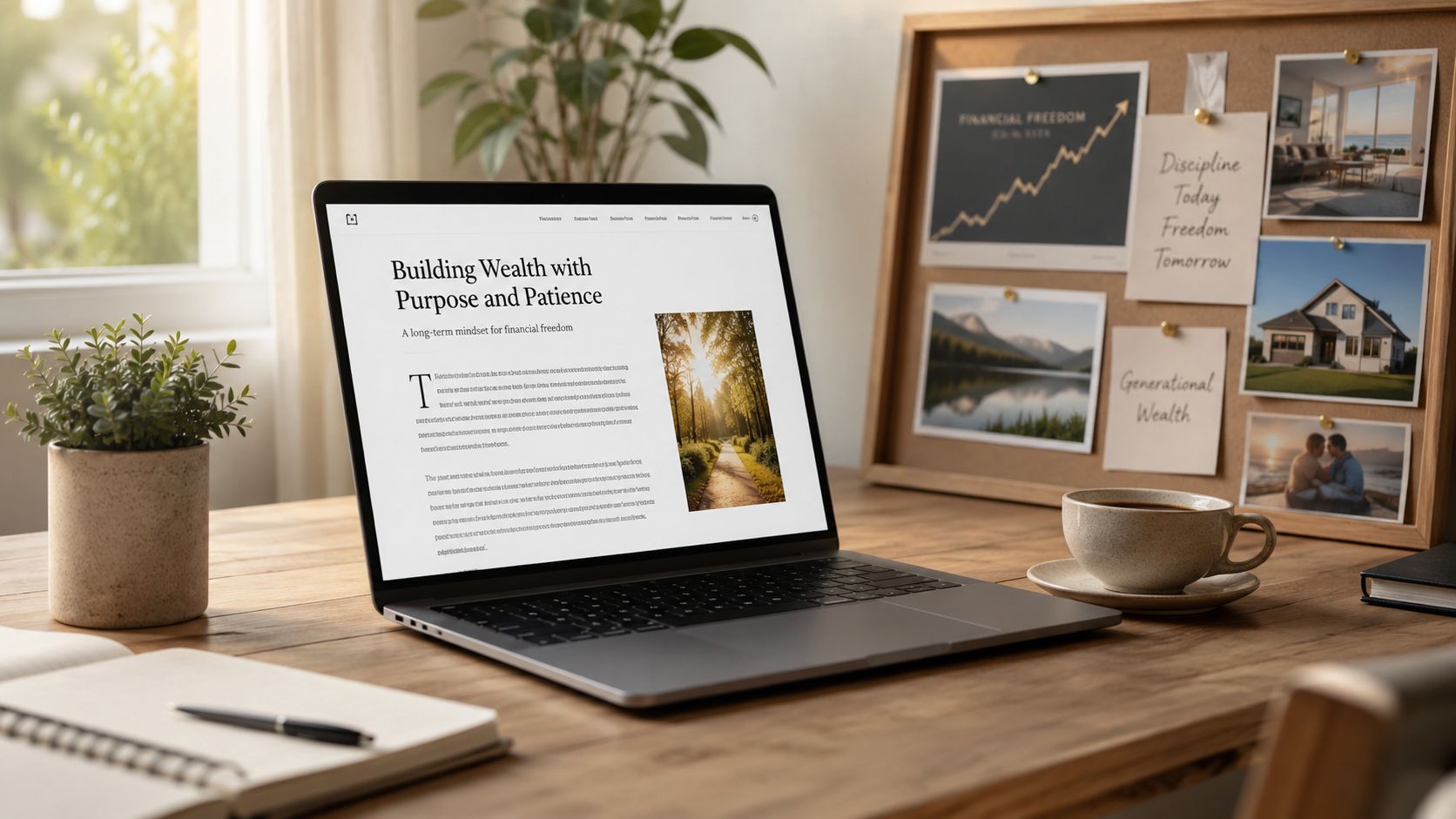 A laptop on a wooden desk displaying an article about building wealth with purpose and patience.