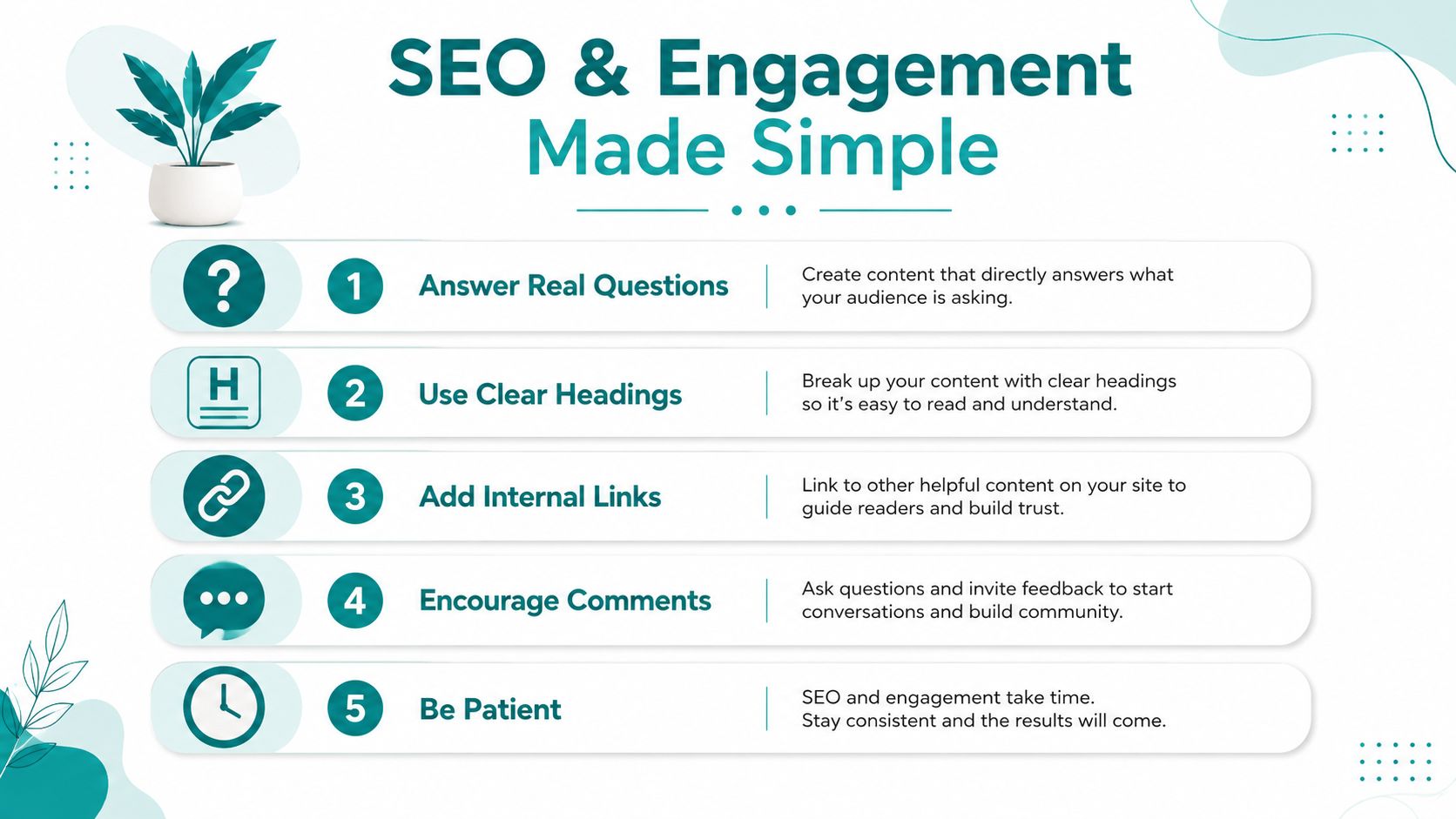 A helpful infographic titled SEO and Engagement Made Simple with five numbered tips for digital content success.