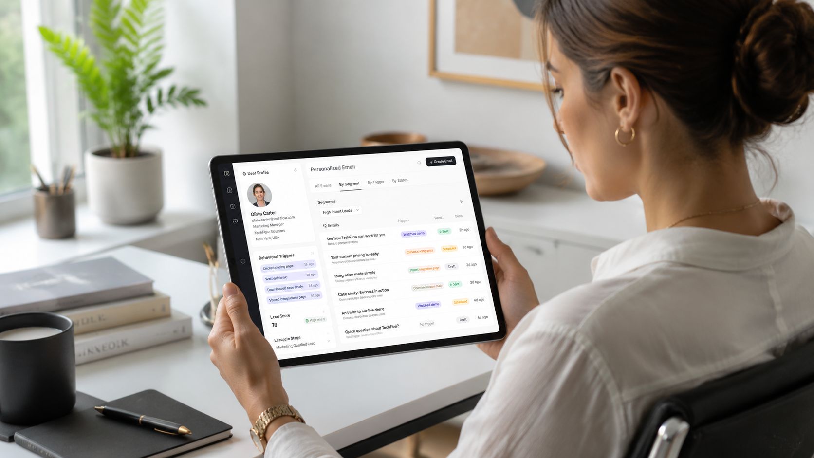 A woman reviewing a personalized onboarding email sequence on a tablet in a modern home office.