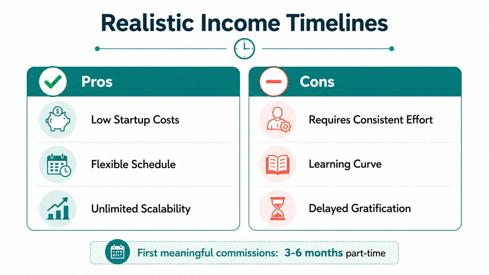 A chart showing the pros and cons of an income timeline for an online business.