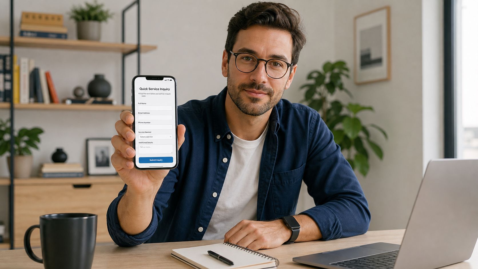 A professional man showing a digital service inquiry form on his smartphone screen while working at a desk.