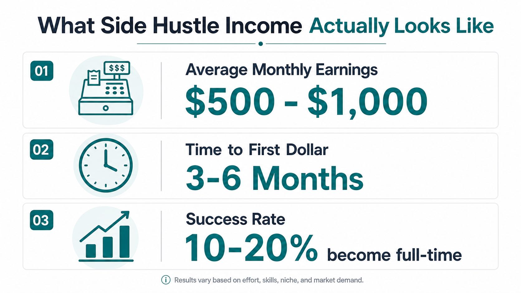An infographic showing the realistic expectations for side hustle income, time to profitability, and success rates.