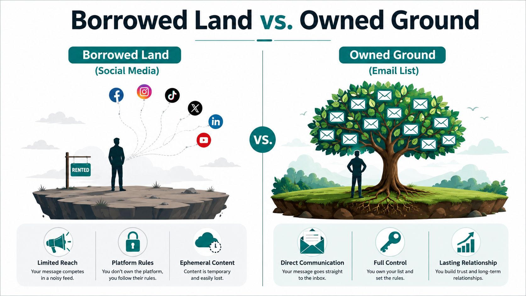 An infographic comparing social media as borrowed land versus building an <a rel=