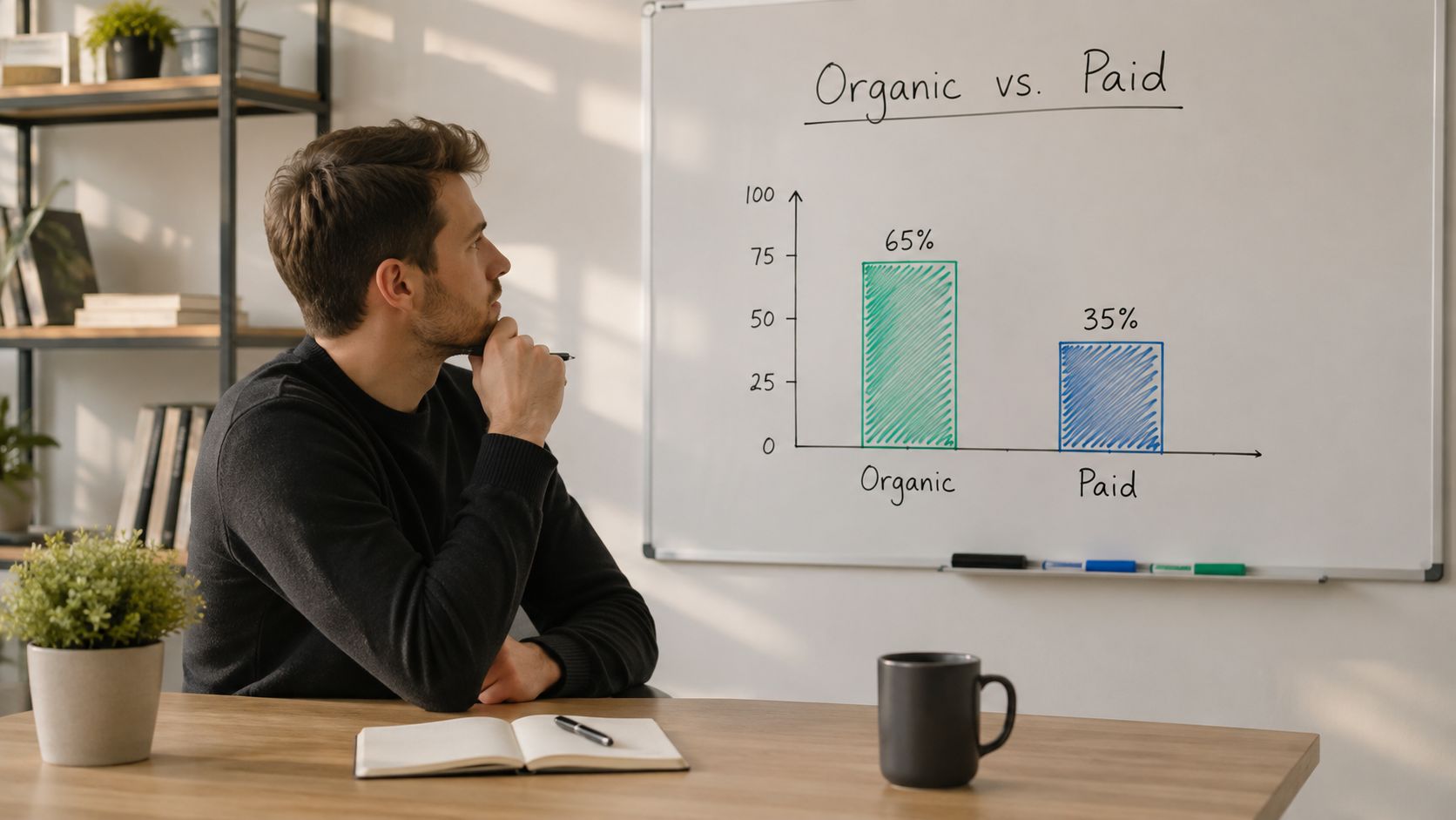 A professional man studying a bar chart on a whiteboard labeled Organic vs. Paid marketing analysis.